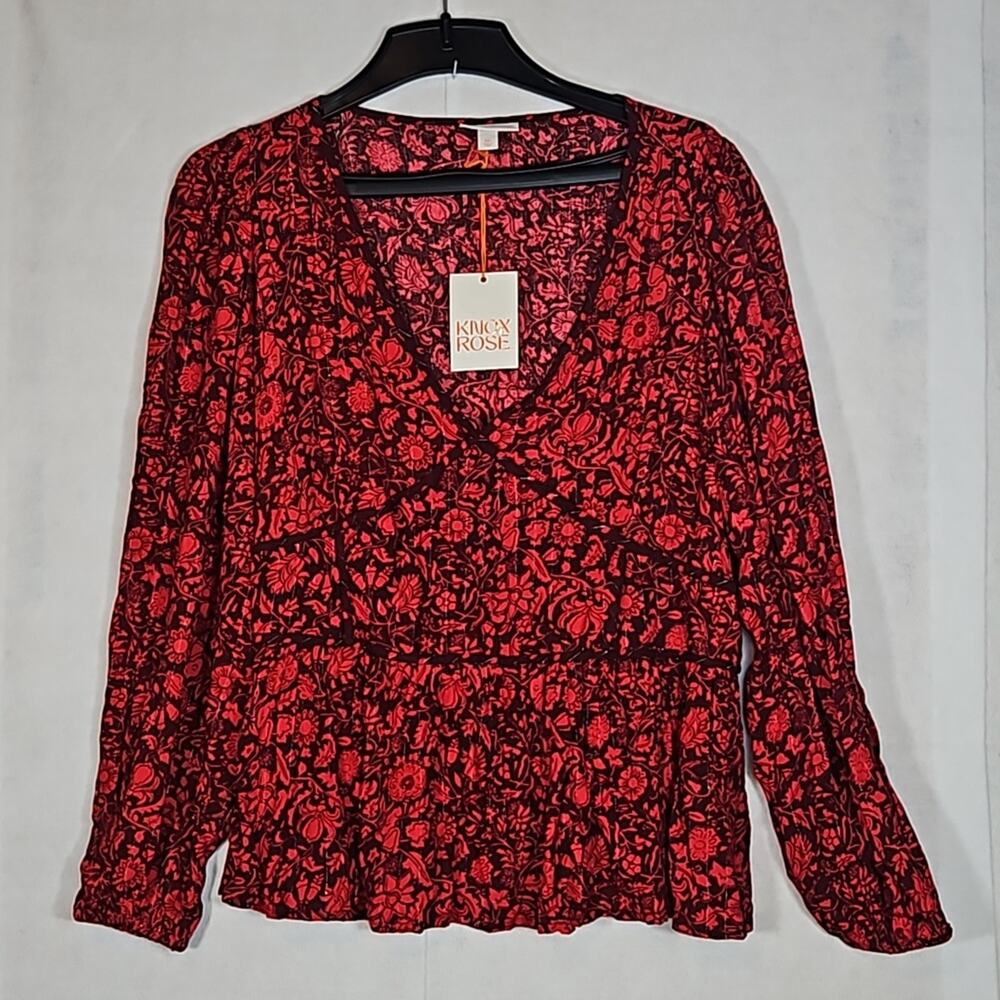 NWT Knox Rose Red Floral Long Sleeve Blouse